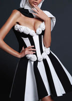 Strapless Vertical Stripe Rosette Applique Fit and Flare Mini Dress