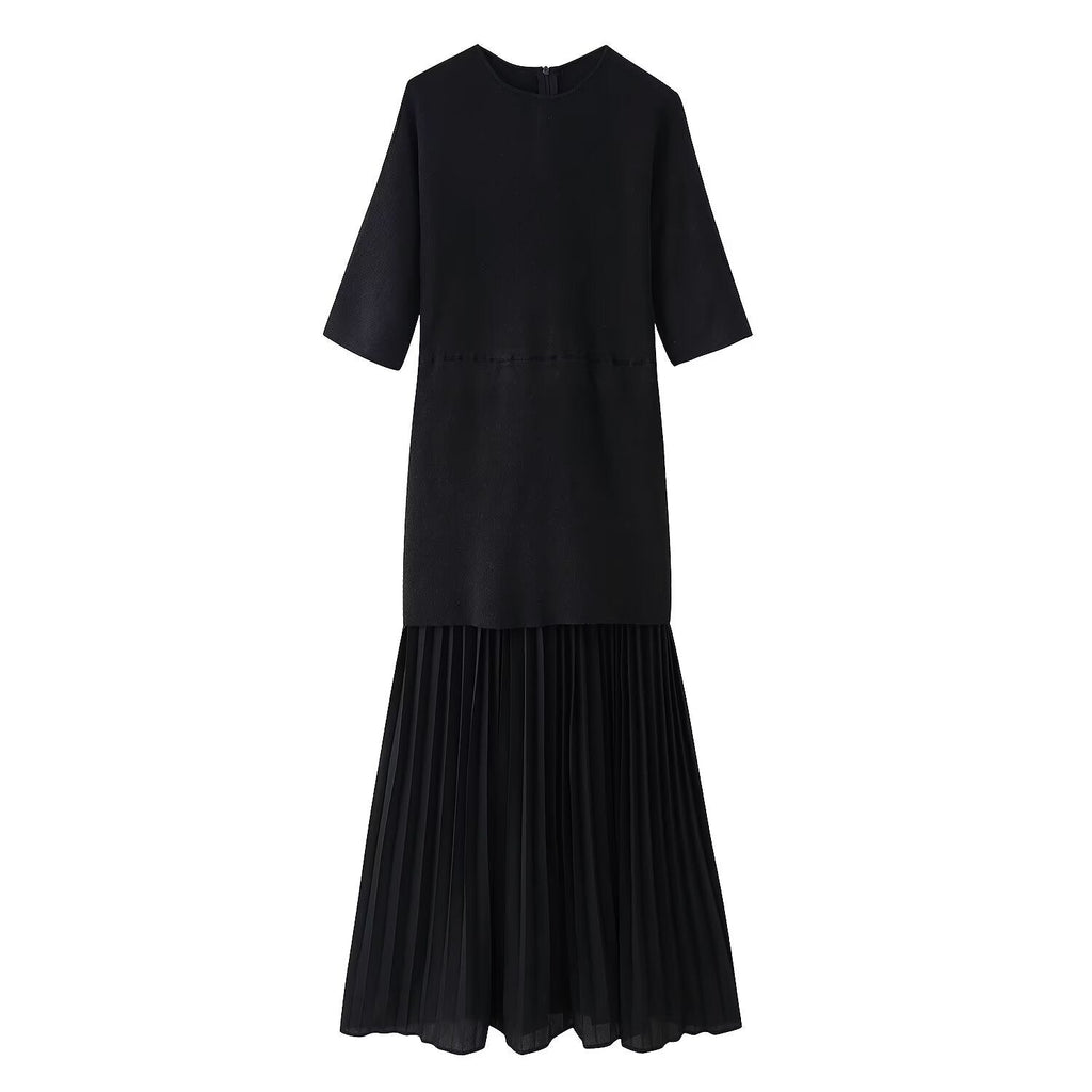 Dolman Sleeve Knit Bodice Pleated Midi Dress