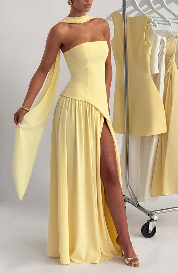 Elegant Off Shopulder Chiffon Pleated Hem Scarf Slit Maxi Dress