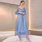 V neck High Waist Mesh Maxi Dress