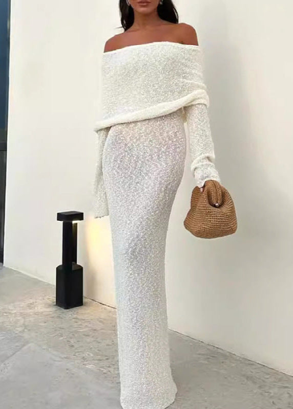 Off Shoulder Shimmer Knit Bodycon Maxi Dress