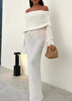 Off Shoulder Shimmer Knit Bodycon Maxi Dress