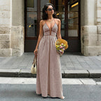 Vertical Stripe Halter Neck Deep V Neck Contrast Trim High Waist Maxi Dress