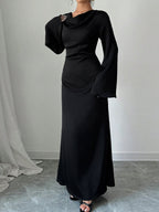 Black Cowl Neck Bell Sleeve Tie Waist Bodycon Maxi Dress