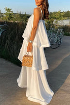 Soft and Smooth Satin Tiered Slip Square Neck A-line Maxi Dress