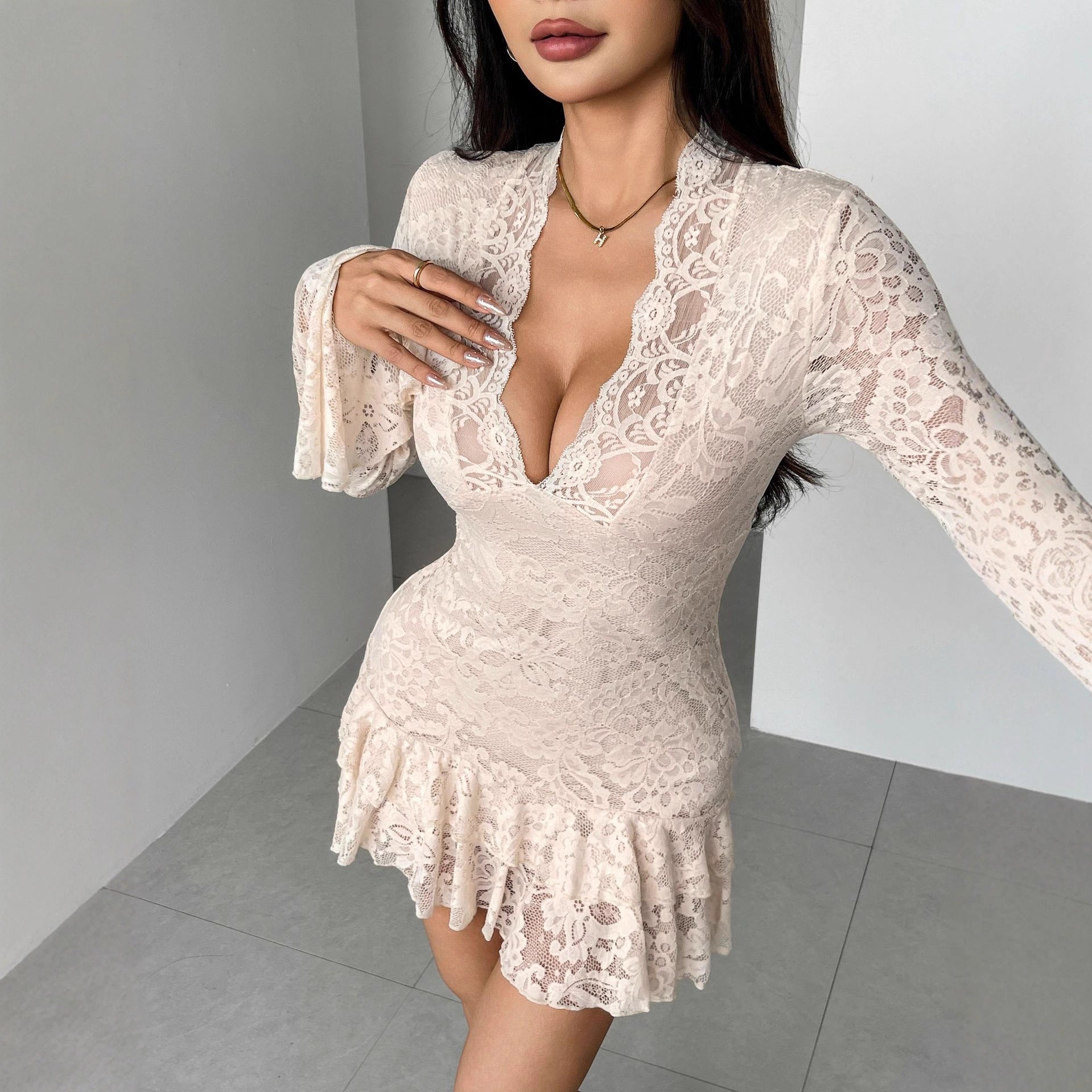 Lace Deep V-Neck Long Sleeve Ruffle Hem Bodycon Mini Dress