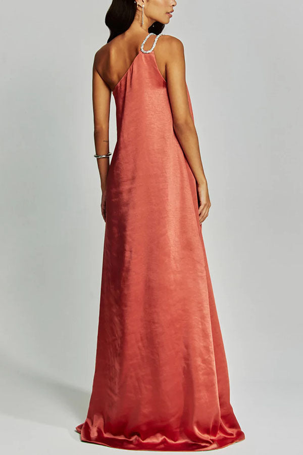 Charming Glance Satin Metal Hardware One Shoulder Loose Maxi Dress