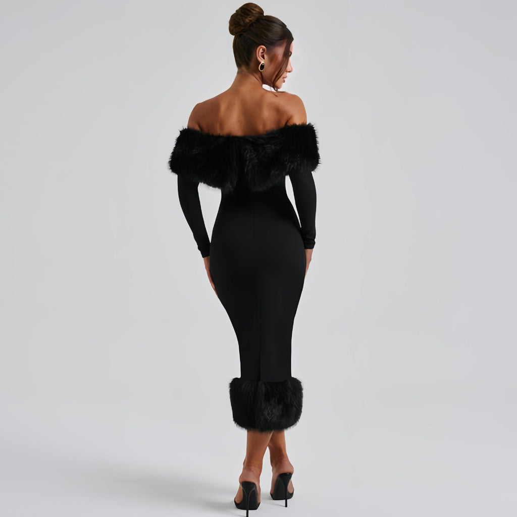 Off Shoulder Faux Fur Trim Long Sleeve Bodycon Midi Dress