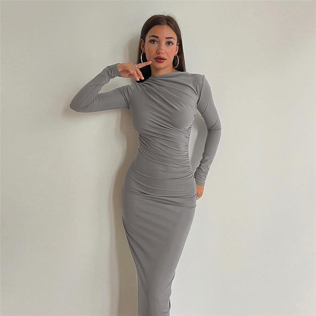 Long Sleeve Ruched Side Gather Bodycon Maxi Dress