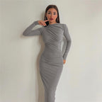 Long Sleeve Ruched Side Gather Bodycon Maxi Dress
