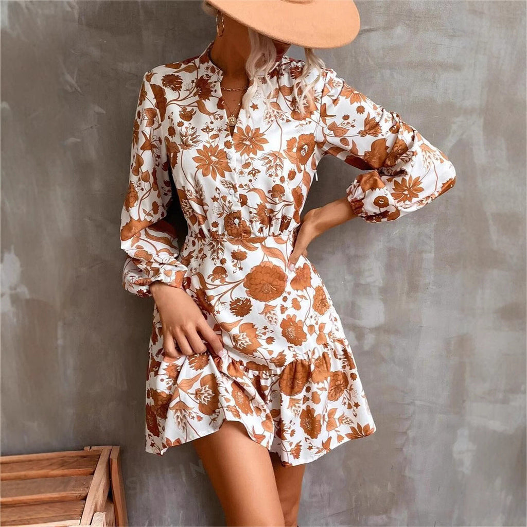 Nayeli Luxe Women's Floral Print Casual Dress with Button Placket and Gathered Hem Designer Edit