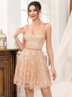 Floral Lace Ruffle Strap Ladder Lace Waist Fit And Flare Mini Dress