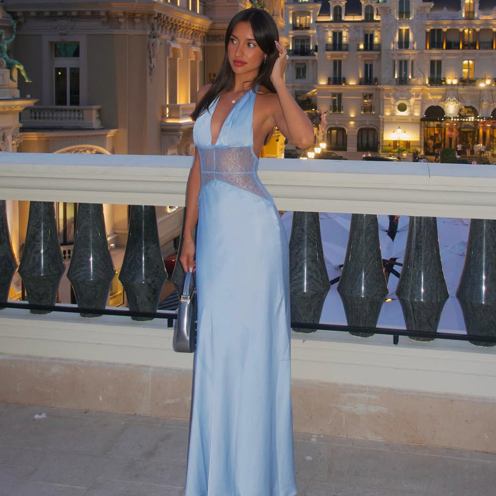Halter Plunging V-Neck Lace Panel Waist Satin Slip Maxi Dress