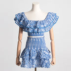 Summer French Wooden Ear Short Top High Waist Cake Layer Skirt Sexy Two Piece Suit Suit