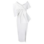 Oversized Bow Asymmetric V-Neck Short Sleeve Bodycon Midi Dress