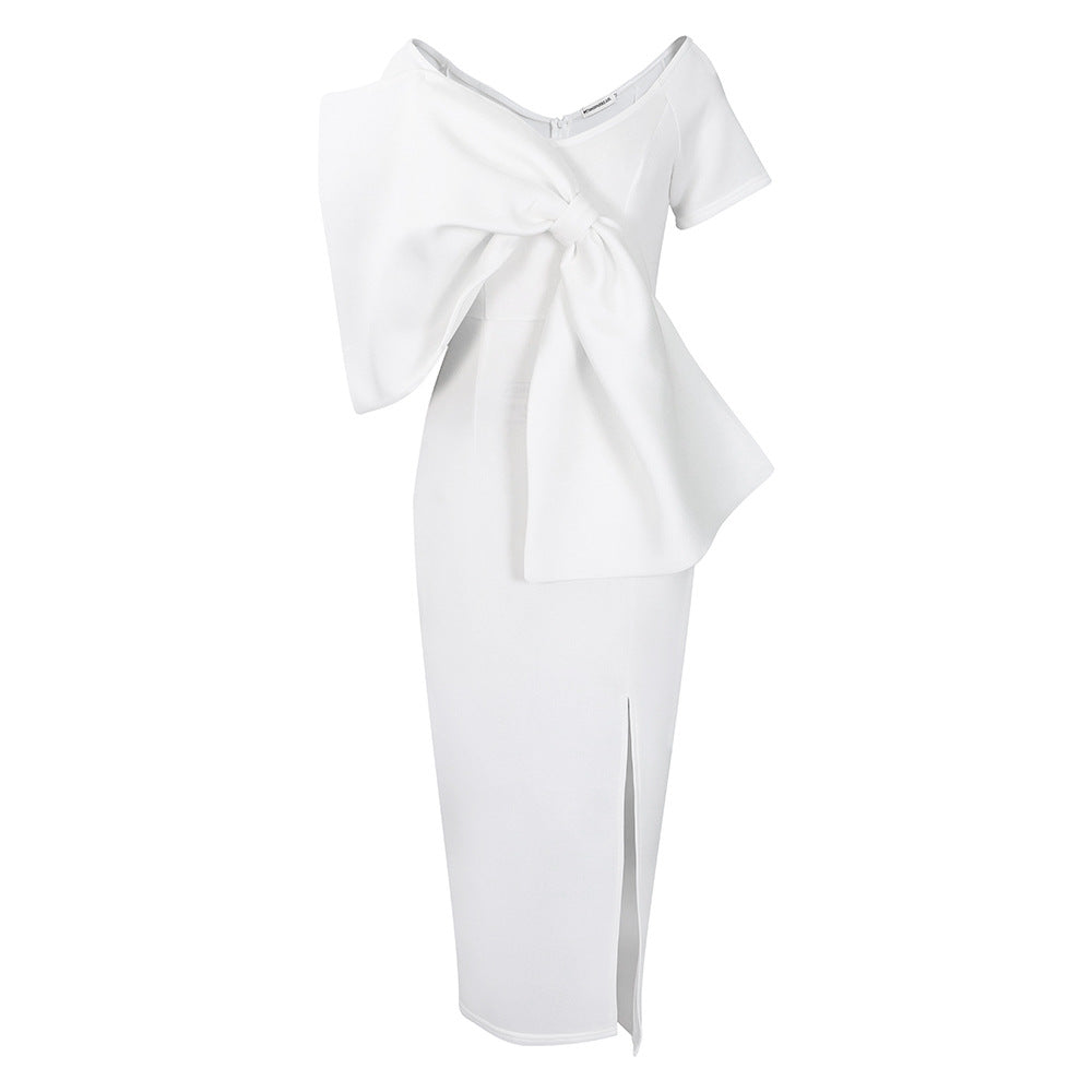 Oversized Bow Asymmetric V-Neck Short Sleeve Bodycon Midi Dress