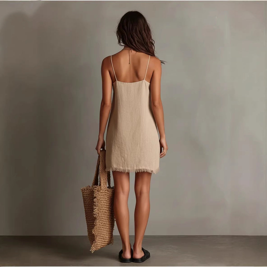 Fringe Trim Deep V-Neck Spaghetti Strap Mini Dress