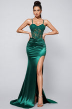 Analu Green Embroidered Lace Slit Maxi Dress