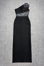 Xoelk Backless Rhinestone 3D Flower Maxi Dress