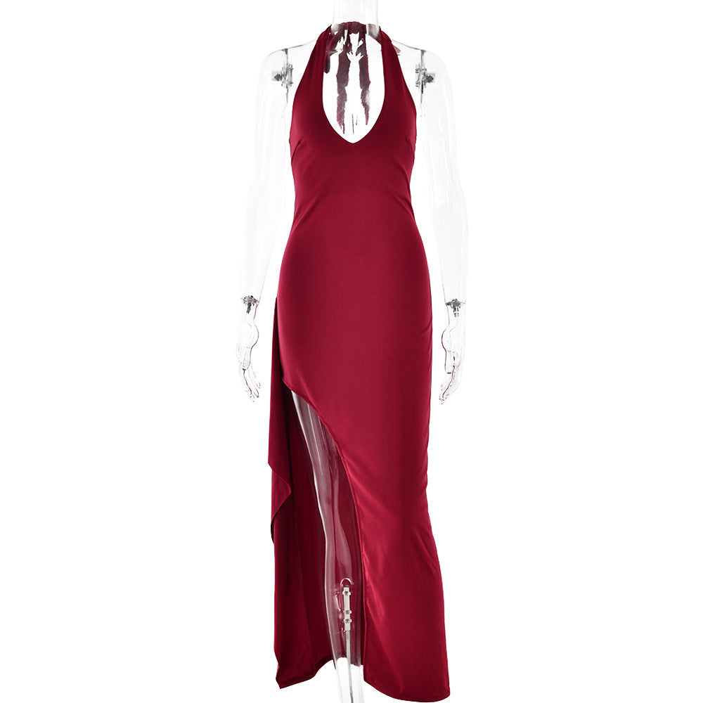 Halter Neck Deep V-Neck High Split Bodycon Maxi Gown