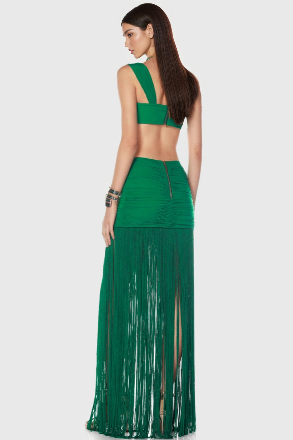 Darcy High-Waisted Strappy Fringed Maxi Dress