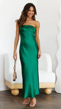 Nina Aesthetic Solid Satin Long Dress with Fold Over Neckline Designer Edit