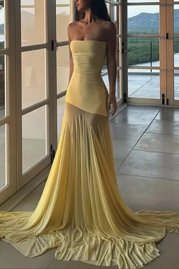 Solid Color Sleeveless Off-shoulder Mesh-paneled Fitted Maxi Dress