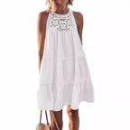 Crochet Lace Yoke Halter Neck Tiered A-Line Mini Dress