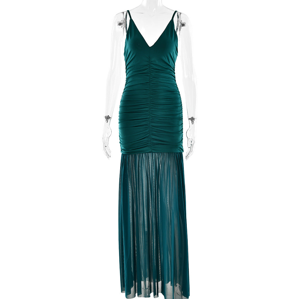 Spaghetti Strap Deep V Ruched Bodice Pleated Chiffon Trumpet Maxi Dress