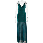 Spaghetti Strap Deep V Ruched Bodice Pleated Chiffon Trumpet Maxi Dress