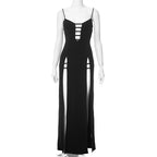 Cut Out Spaghetti Strap Deep V-Neck High Split Bodycon Maxi Dress