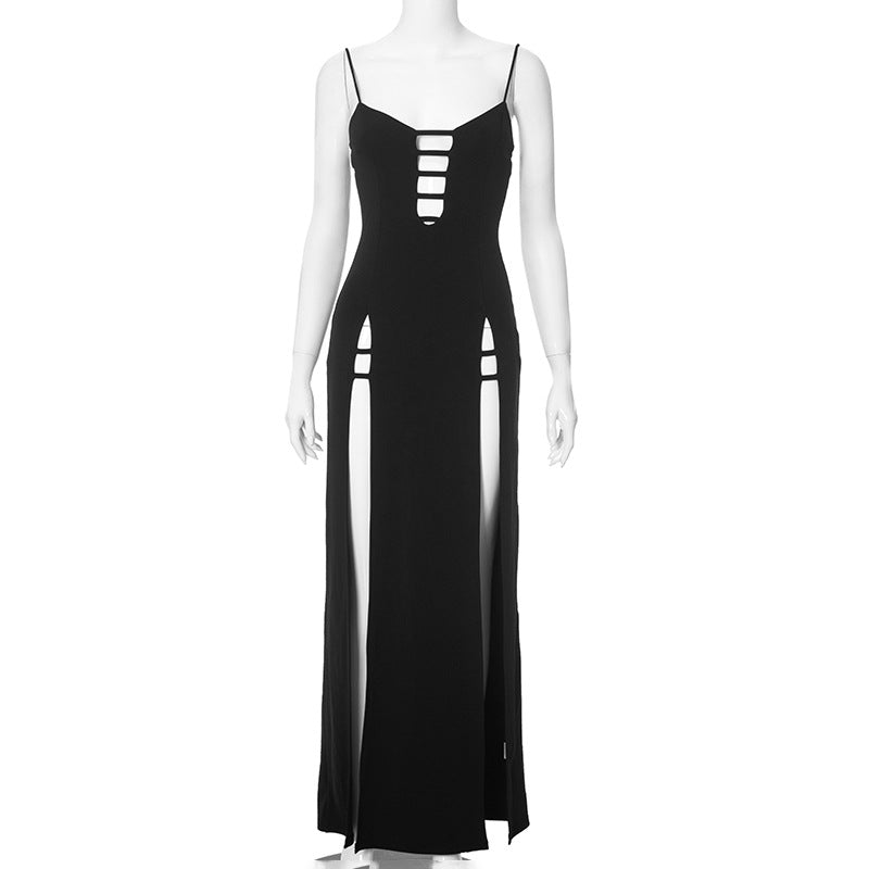 Cut Out Spaghetti Strap Deep V-Neck High Split Bodycon Maxi Dress