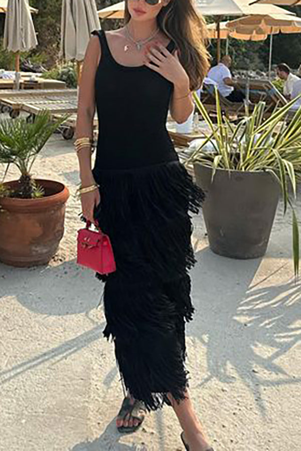 Solid Color Sleeveless Slim Fit Fringed Hem Knitted Midi Dress