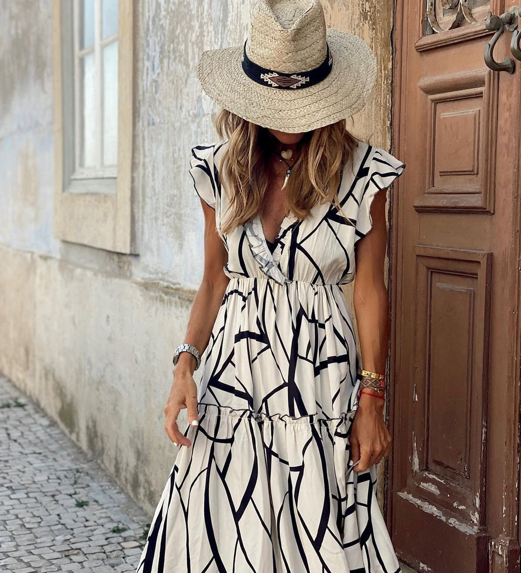 Spring Summer Dress Geometric Abstract Printed V neck Ruffled Large Swing Dress