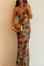 Little Mermaid Colorful Scales Print Halter Maxi Dress