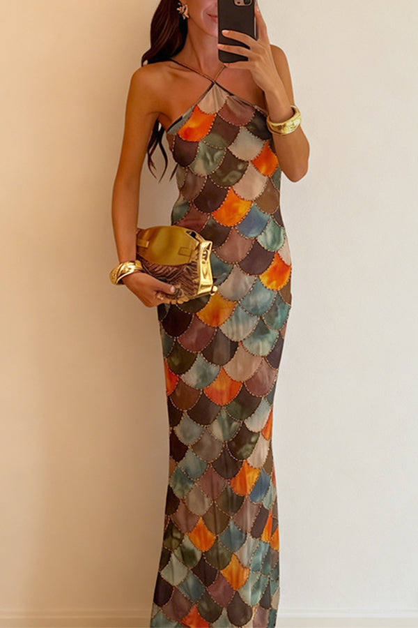Little Mermaid Colorful Scales Print Halter Maxi Dress