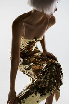 Glittering Tube Top Gold Backless Maxi Dress