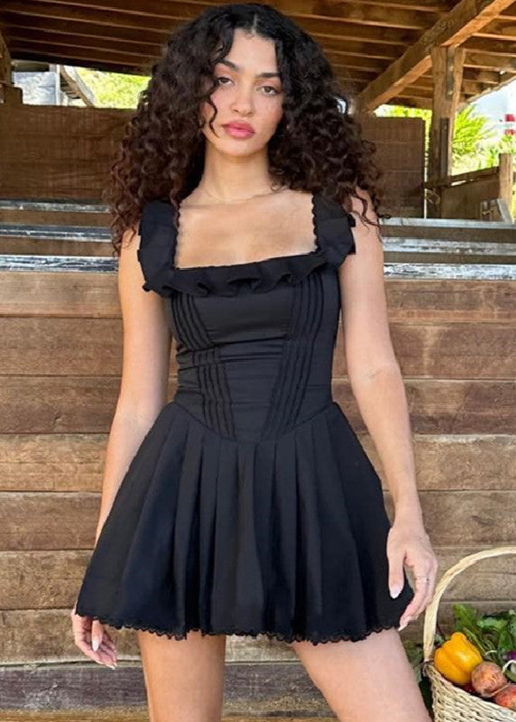 Square Neck Ruffle Strap Corset Bodice Pleated Skater Mini Dress