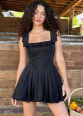 Square Neck Ruffle Strap Corset Bodice Pleated Skater Mini Dress