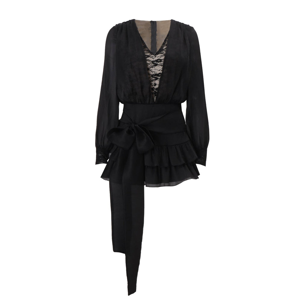 Lace Panel Deep V-Neck Bishop Sleeve Tiered Ruffle Two-Piece Set