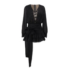 Lace Panel Deep V-Neck Bishop Sleeve Tiered Ruffle Two-Piece Set