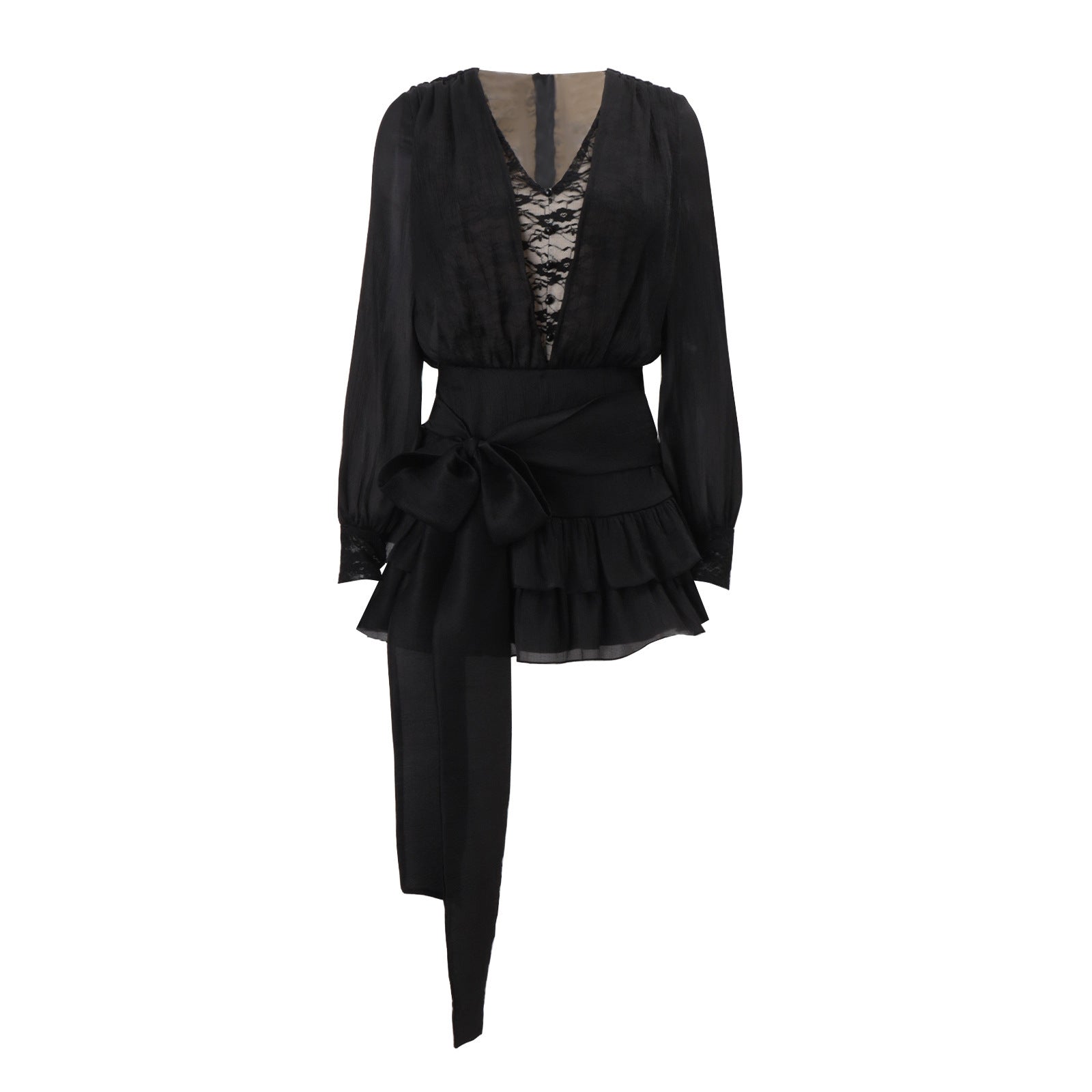 Lace Panel Deep V-Neck Bishop Sleeve Tiered Ruffle Two-Piece Set