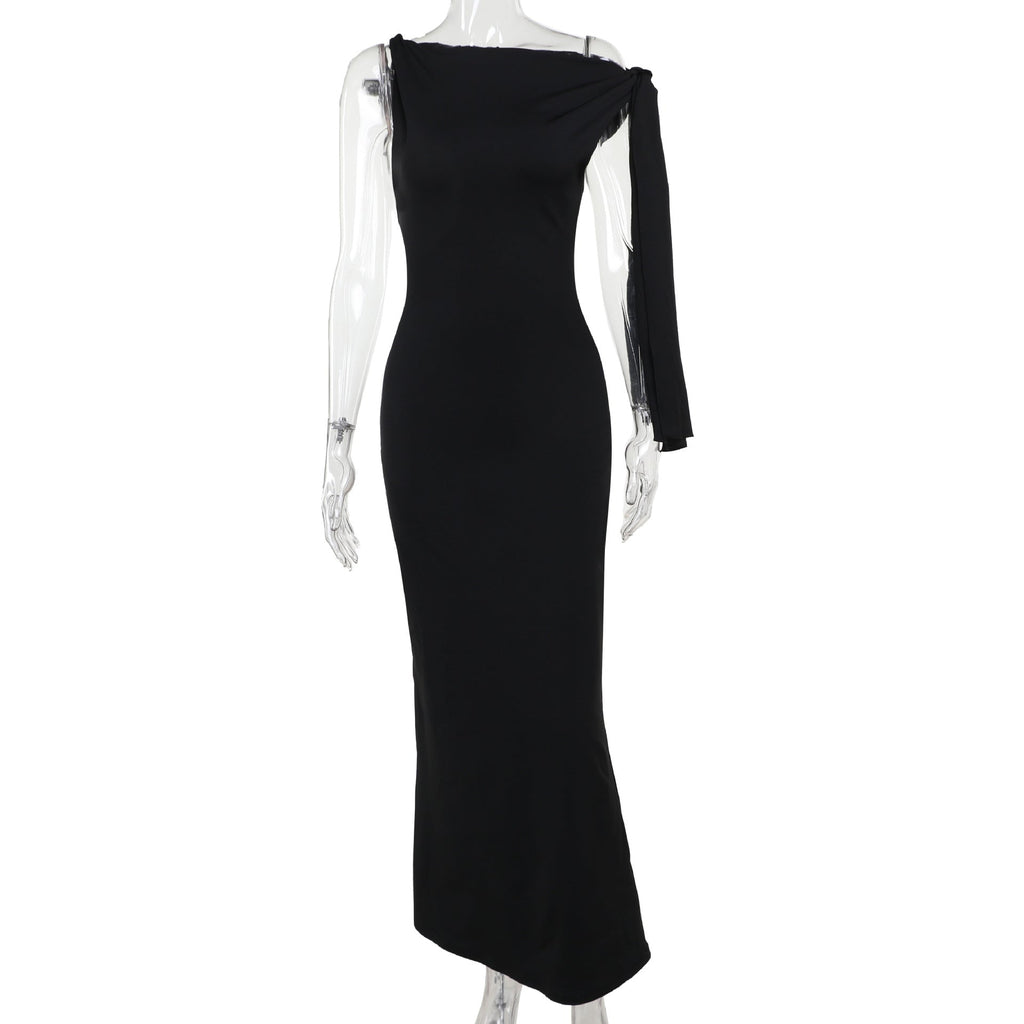 Sleeveless High Neck Asymmetric Drape Sash Column Maxi Gown