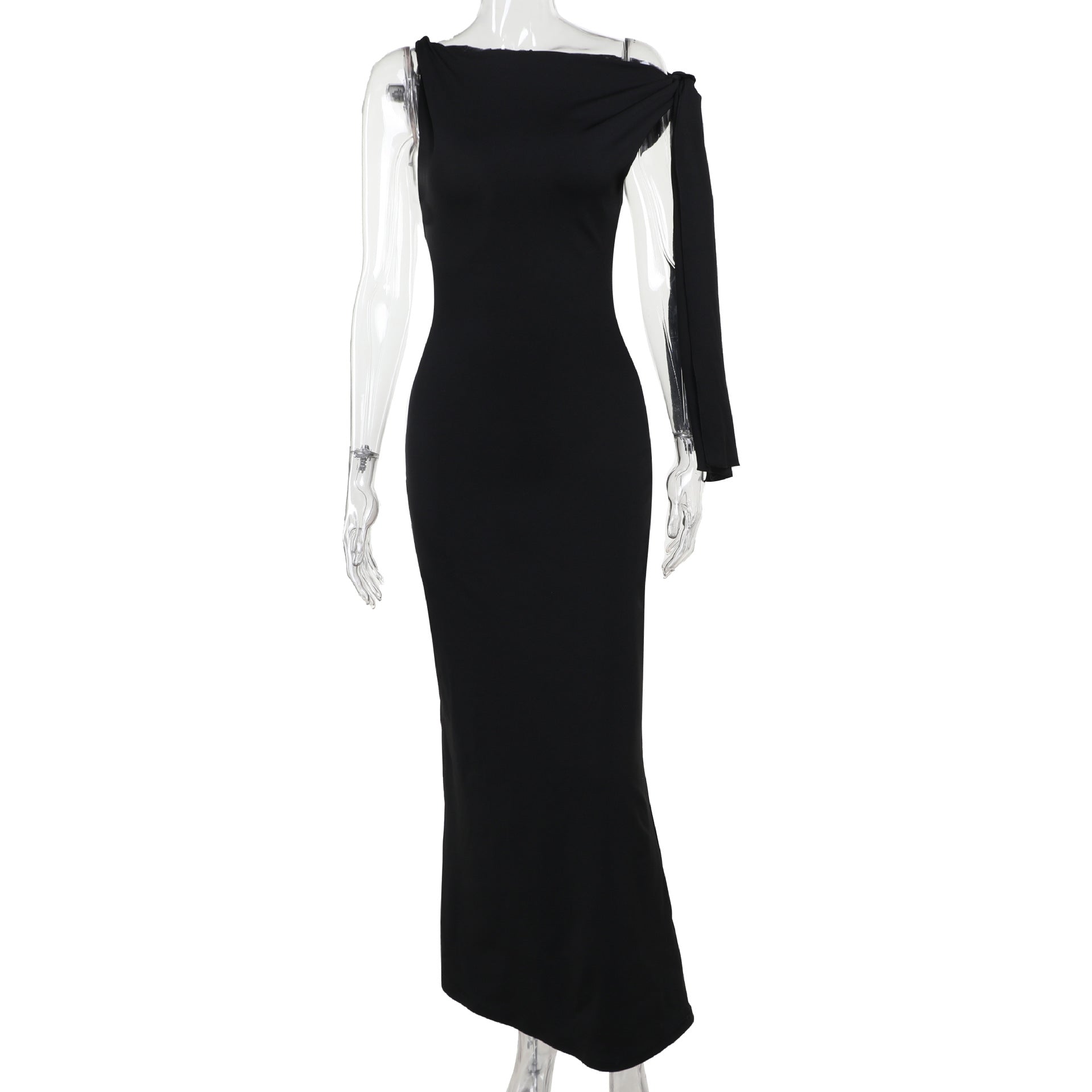 Sleeveless High Neck Asymmetric Drape Sash Column Maxi Gown