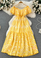 Off Shoulder Eyelet Lace Smocked Tiered Ruffle Maxi Dress