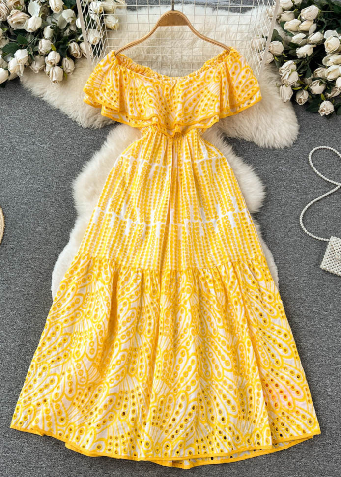 Off Shoulder Eyelet Lace Smocked Tiered Ruffle Maxi Dress