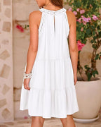 Crochet Lace Yoke Halter Neck Tiered A-Line Mini Dress
