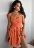 Tie Shoulder Spaghetti Strap Pleated A Line Side Slit Mini Dress