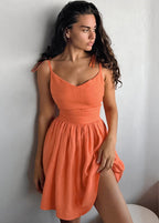 Tie Shoulder Spaghetti Strap Pleated A Line Side Slit Mini Dress