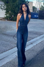 retro style slim denim jumpsuit